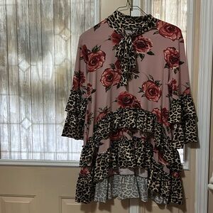 Custom made pink floral with leopard trim ruffle tunic.